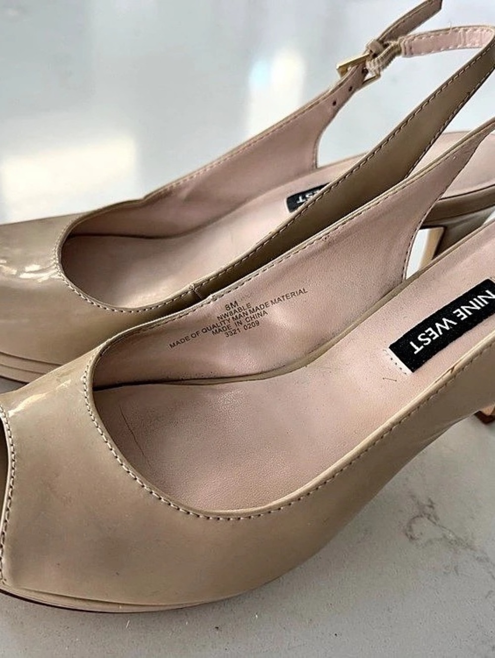 Nine West Peep Toe Slingback Heels in Beige Patent Size US 8